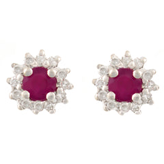 HANDMADE 9K SOLID GOLD 0.35CT NATURAL RUBY STUD EARRINGS WITH 24 DIAMONDS.