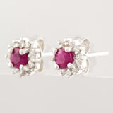 HANDMADE 9K SOLID GOLD 0.35CT NATURAL RUBY STUD EARRINGS WITH 24 DIAMONDS.