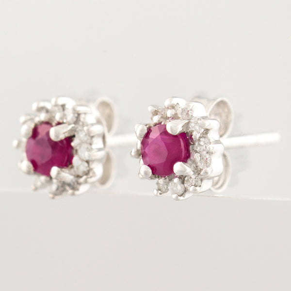 HANDMADE 9K SOLID GOLD 0.35CT NATURAL RUBY STUD EARRINGS WITH 24 DIAMONDS.