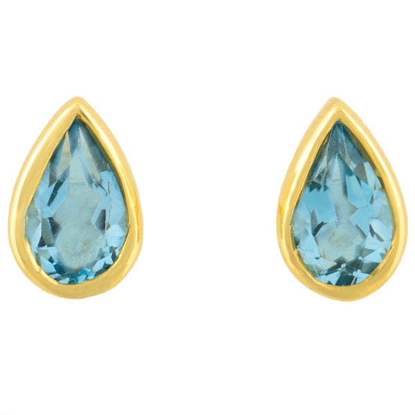9K SOLID GOLD 0.40CT NATURAL SWISS BLUE TOPAZ TEARDROP STUD EARRINGS.
