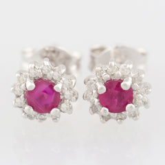 HANDMADE 9K SOLID GOLD 0.35CT NATURAL RUBY STUD EARRINGS WITH 24 DIAMONDS.