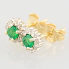 HANDMADE 9K SOLID GOLD 0.30CT NATURAL EMERALD STUD EARRINGS WITH 24 DIAMONDS.