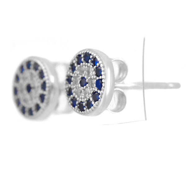 925 STERLING SILVER EVIL EYE MATI NAZAR ROUND KARMA CRYSTAL STUD EARRINGS.