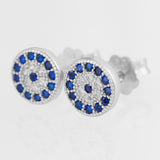925 STERLING SILVER EVIL EYE MATI NAZAR ROUND KARMA CRYSTAL STUD EARRINGS.