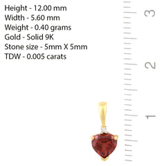 PETITE 9K SOLID YELLOW GOLD 0.50CT NATURAL HEART GARNET AND DIAMOND PENDANT.