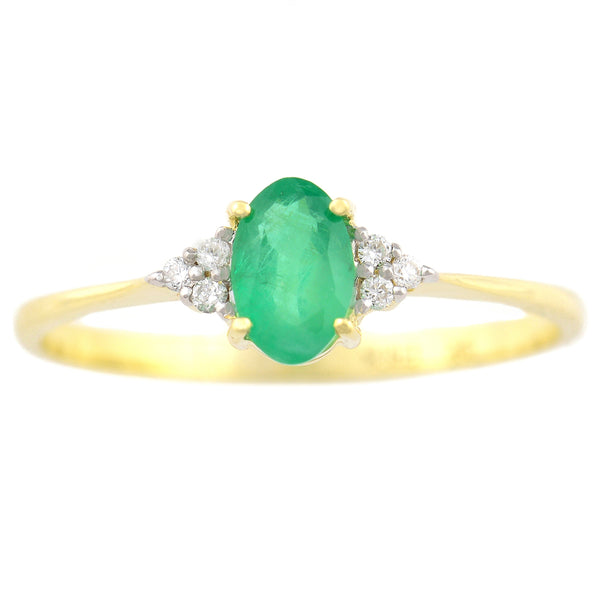 9K SOLID GOLD 0.50CT NATURAL OVAL EMERALD RING WITH 6 DIAMONDS.