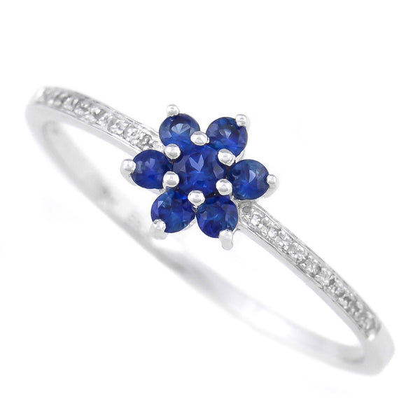 9K SOLID WHITE GOLD 0.30CT NATURAL BLUE SAPPHIRE FLORAL CLUSTER RING WITH 20 DIAMONDS.