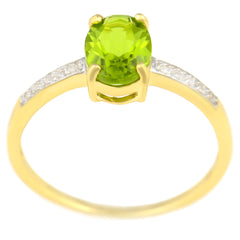 9K SOLID GOLD 1.30 CT NATURAL OVAL PERIDOT RING WITH 10 DIAMONDS.