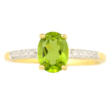 9K SOLID GOLD 1.30 CT NATURAL OVAL PERIDOT RING WITH 10 DIAMONDS.