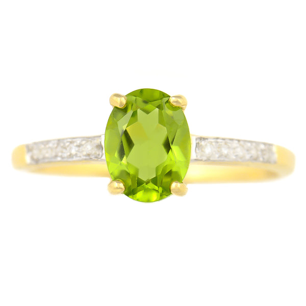 9K SOLID GOLD 1.30 CT NATURAL OVAL PERIDOT RING WITH 10 DIAMONDS.