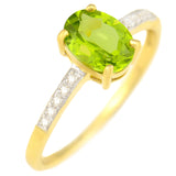 9K SOLID GOLD 1.30 CT NATURAL OVAL PERIDOT RING WITH 10 DIAMONDS.