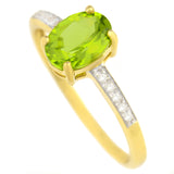 9K SOLID GOLD 1.30 CT NATURAL OVAL PERIDOT RING WITH 10 DIAMONDS.