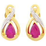 9K SOLID YELLOW GOLD 1.10CT NATURAL PEAR CUT RUBY EARRINGS WITH FOUR DIAMONDS.