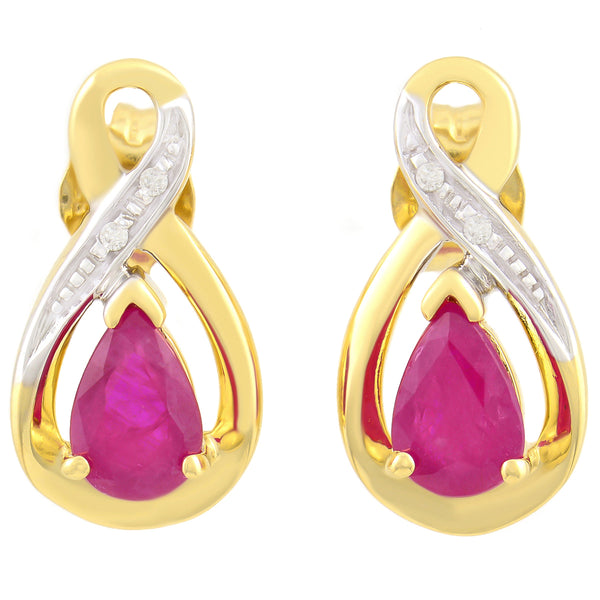 9K SOLID YELLOW GOLD 1.10CT NATURAL PEAR CUT RUBY EARRINGS WITH FOUR DIAMONDS.