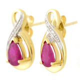 9K SOLID YELLOW GOLD 1.10CT NATURAL PEAR CUT RUBY EARRINGS WITH FOUR DIAMONDS.