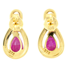 9K SOLID YELLOW GOLD 1.10CT NATURAL PEAR CUT RUBY EARRINGS WITH FOUR DIAMONDS.