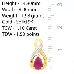 9K SOLID YELLOW GOLD 1.10CT NATURAL PEAR CUT RUBY EARRINGS WITH FOUR DIAMONDS.