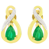 9K SOLID YELLOW GOLD 1.10CT NATURAL PEAR CUT EMERALD EARRINGS WITH FOUR DIAMONDS.