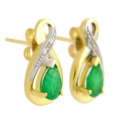 9K SOLID YELLOW GOLD 1.10CT NATURAL PEAR CUT EMERALD EARRINGS WITH FOUR DIAMONDS.