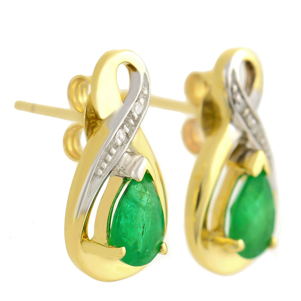 9K SOLID YELLOW GOLD 1.10CT NATURAL PEAR CUT EMERALD EARRINGS WITH FOUR DIAMONDS.