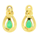 9K SOLID YELLOW GOLD 1.10CT NATURAL PEAR CUT EMERALD EARRINGS WITH FOUR DIAMONDS.