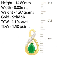 9K SOLID YELLOW GOLD 1.10CT NATURAL PEAR CUT EMERALD EARRINGS WITH FOUR DIAMONDS.