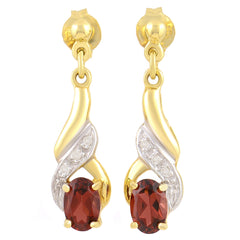 9K SOLID GOLD 0.90CT NATURAL ALMANDINE GARNET AND 6 DIAMOND DROP DANGLE EARRINGS.