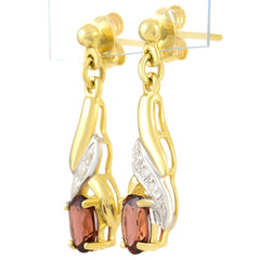 9K SOLID GOLD 0.90CT NATURAL ALMANDINE GARNET AND 6 DIAMOND DROP DANGLE EARRINGS.