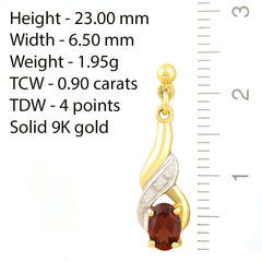 9K SOLID GOLD 0.90CT NATURAL ALMANDINE GARNET AND 6 DIAMOND DROP DANGLE EARRINGS.
