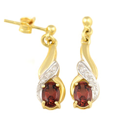 9K SOLID GOLD 0.90CT NATURAL ALMANDINE GARNET AND 6 DIAMOND DROP DANGLE EARRINGS.