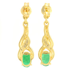 9K SOLID GOLD 0.90CT NATURAL EMERALD AND 6 DIAMOND DROP DANGLE EARRINGS.