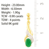 9K SOLID GOLD 0.90CT NATURAL EMERALD AND 6 DIAMOND DROP DANGLE EARRINGS.