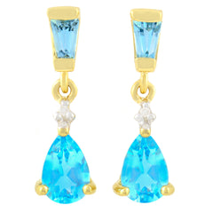 9K SOLID GOLD 1.20CT NATURAL SWISS BLUE TOPAZ AND DIAMOND DROP DANGLE EARRINGS.