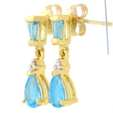 9K SOLID GOLD 1.20CT NATURAL SWISS BLUE TOPAZ AND DIAMOND DROP DANGLE EARRINGS.