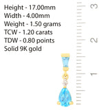 9K SOLID GOLD 1.20CT NATURAL SWISS BLUE TOPAZ AND DIAMOND DROP DANGLE EARRINGS.