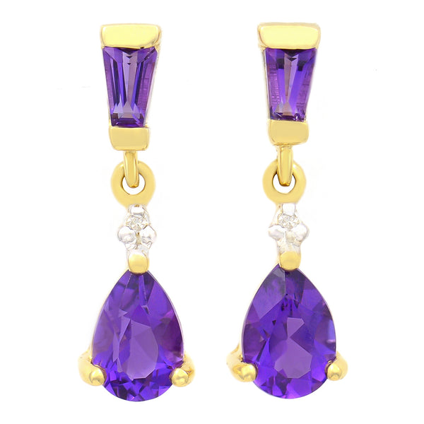 9K SOLID GOLD 1.20CT NATURAL PURPLE AMETHYST AND DIAMOND DROP DANGLE EARRINGS.
