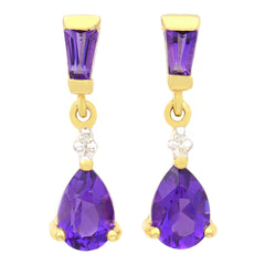 9K SOLID GOLD 1.20CT NATURAL PURPLE AMETHYST AND DIAMOND DROP DANGLE EARRINGS.