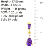 9K SOLID GOLD 1.20CT NATURAL PURPLE AMETHYST AND DIAMOND DROP DANGLE EARRINGS.