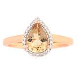 9K SOLID ROSE GOLD 0.90CT NATURAL PEAR MORGANITE HALO RING WITH 24 VS/G DIAMONDS.