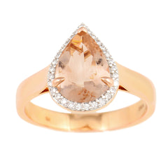 9K SOLID ROSE GOLD 1.75CT NATURAL PEAR MORGANITE HALO RING WITH 29 VS/G DIAMONDS.