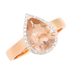9K SOLID ROSE GOLD 1.75CT NATURAL PEAR MORGANITE HALO RING WITH 29 VS/G DIAMONDS.