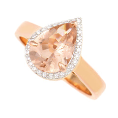 9K SOLID ROSE GOLD 1.75CT NATURAL PEAR MORGANITE HALO RING WITH 29 VS/G DIAMONDS.