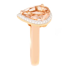 9K SOLID ROSE GOLD 1.75CT NATURAL PEAR MORGANITE HALO RING WITH 29 VS/G DIAMONDS.