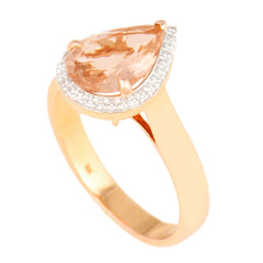 9K SOLID ROSE GOLD 1.75CT NATURAL PEAR MORGANITE HALO RING WITH 29 VS/G DIAMONDS.