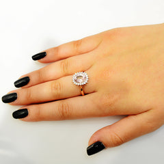 18K SOLID ROSE GOLD 2.27CT NATURAL OVAL MORGANITE HALO RING WITH 20 VS/G DIAMONDS.