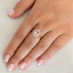 18K SOLID ROSE GOLD 1.80CT NATURAL OVAL MORGANITE HALO RING WITH 20 VS/G DIAMONDS.
