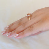 18K SOLID ROSE GOLD 1.80CT NATURAL OVAL MORGANITE HALO RING WITH 20 VS/G DIAMONDS.