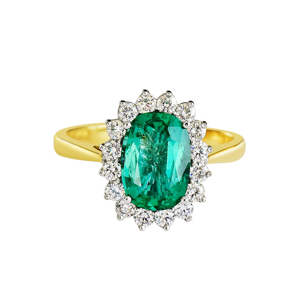 18K SOLID GOLD 2.30CT NATURAL OVAL EMERALD CLUSTER RING WITH 16 VS/G DIAMONDS.