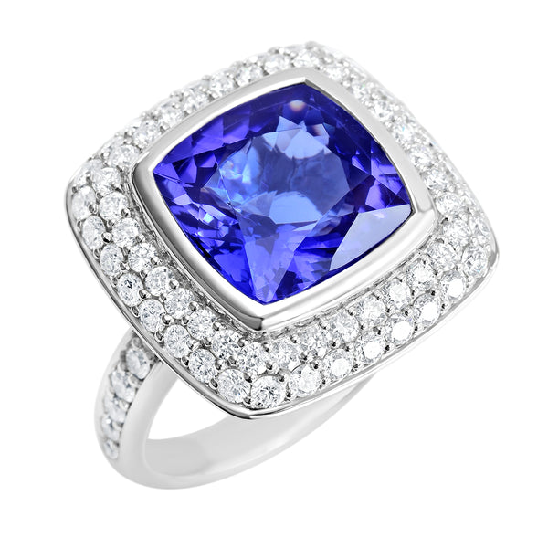18K SOLID WHITE GOLD 6.52CT NATURAL TANZANITE RING WITH 68 VS/G DIAMONDS.