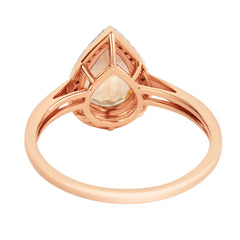 9K SOLID ROSE GOLD 1.28CT NATURAL PEAR MORGANITE HALO RING WITH 29 VS/G DIAMONDS.